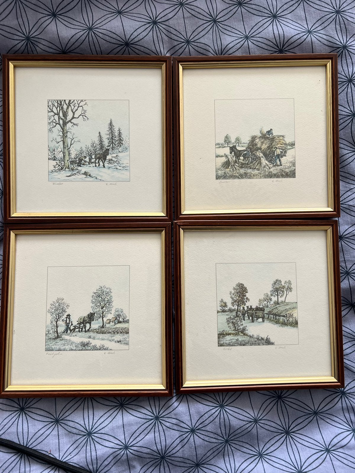 Set van 4 ingelijste schilderijtjes: De Vier Jaargetijden, Realistisch, Ophalen of Verzenden, Landschap, Tekening