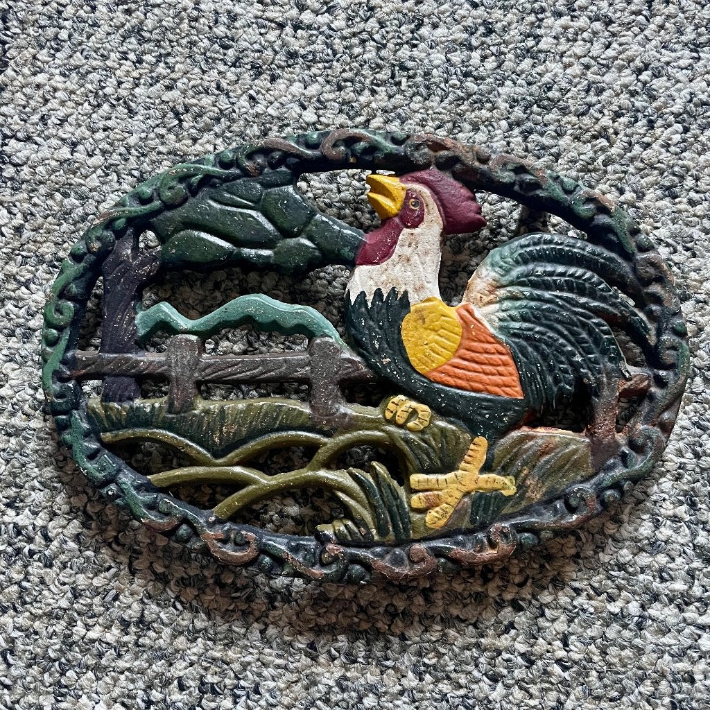 Vintage pannen onderzetter haan, Gebruikt, Metaal, Ophalen of Verzenden, Pannenonderzetter