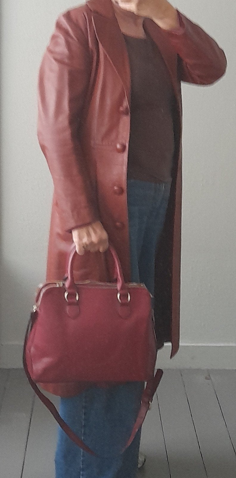 Mooie Rode Vintage Leren Midi Jas maat 36, Ophalen of Verzenden, Gedragen, Maat 36 (S), Rood