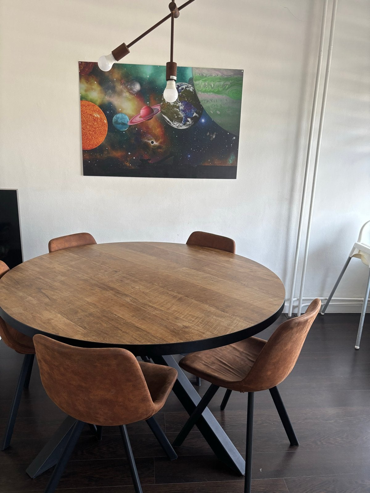 Ronde eettafel met houten blad en metalen onderstel, 150 tot 200 cm, Rond, Ophalen of Verzenden, Zo goed als nieuw