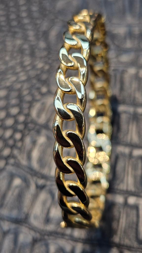 Prachtige Bangle gourmet schakel armband 8mm breed, Sieraden, Tassen en Uiterlijk, Armbanden, Ophalen of Verzenden, Nieuw, Goud