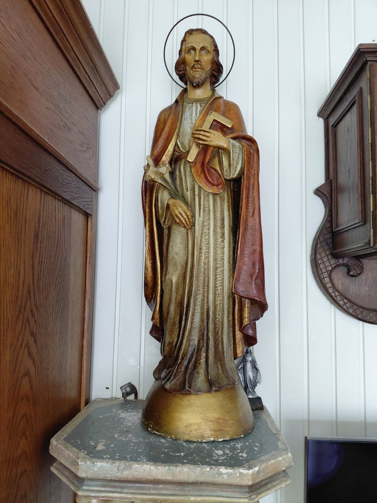 Antiek houten beeld van Sint Jozef met kindje Jezus, Antiek en Kunst, Antiek | Religie, Ophalen of Verzenden