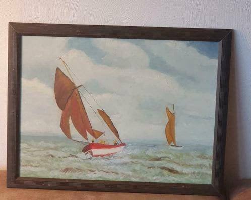 Schilderij op board zeilboot ongesigneerd achter glas, Ophalen