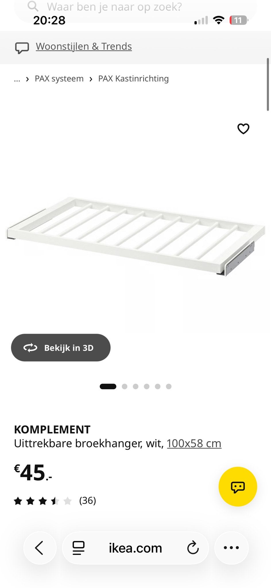 IKEA KOMPLEMENT Uittrekbare broekhanger, wit, 2 stuks, Ophalen, Overige materialen, Nieuw, 50 tot 100 cm