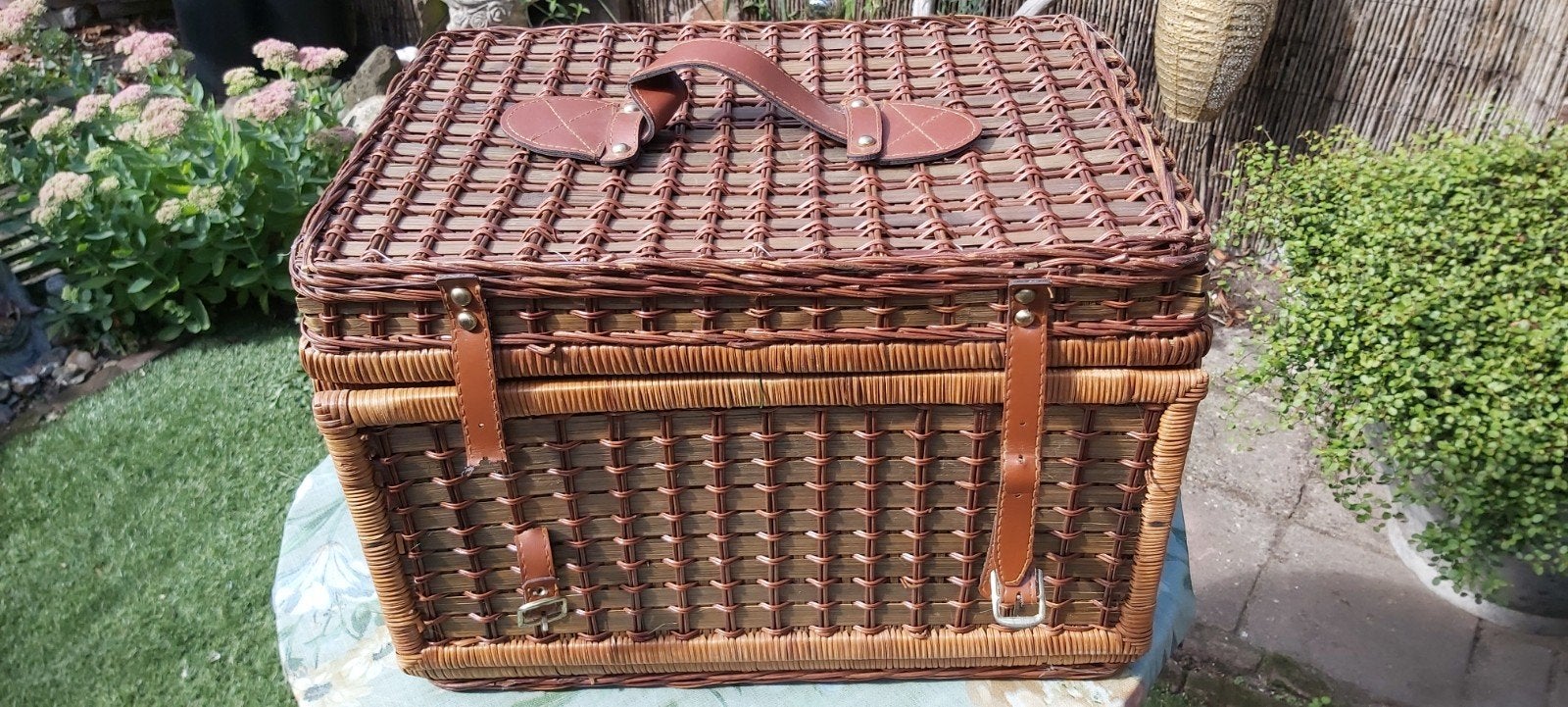 Vintage rieten picknickmand met geruite voering, Ophalen, Gebruikt, Zonder inhoud