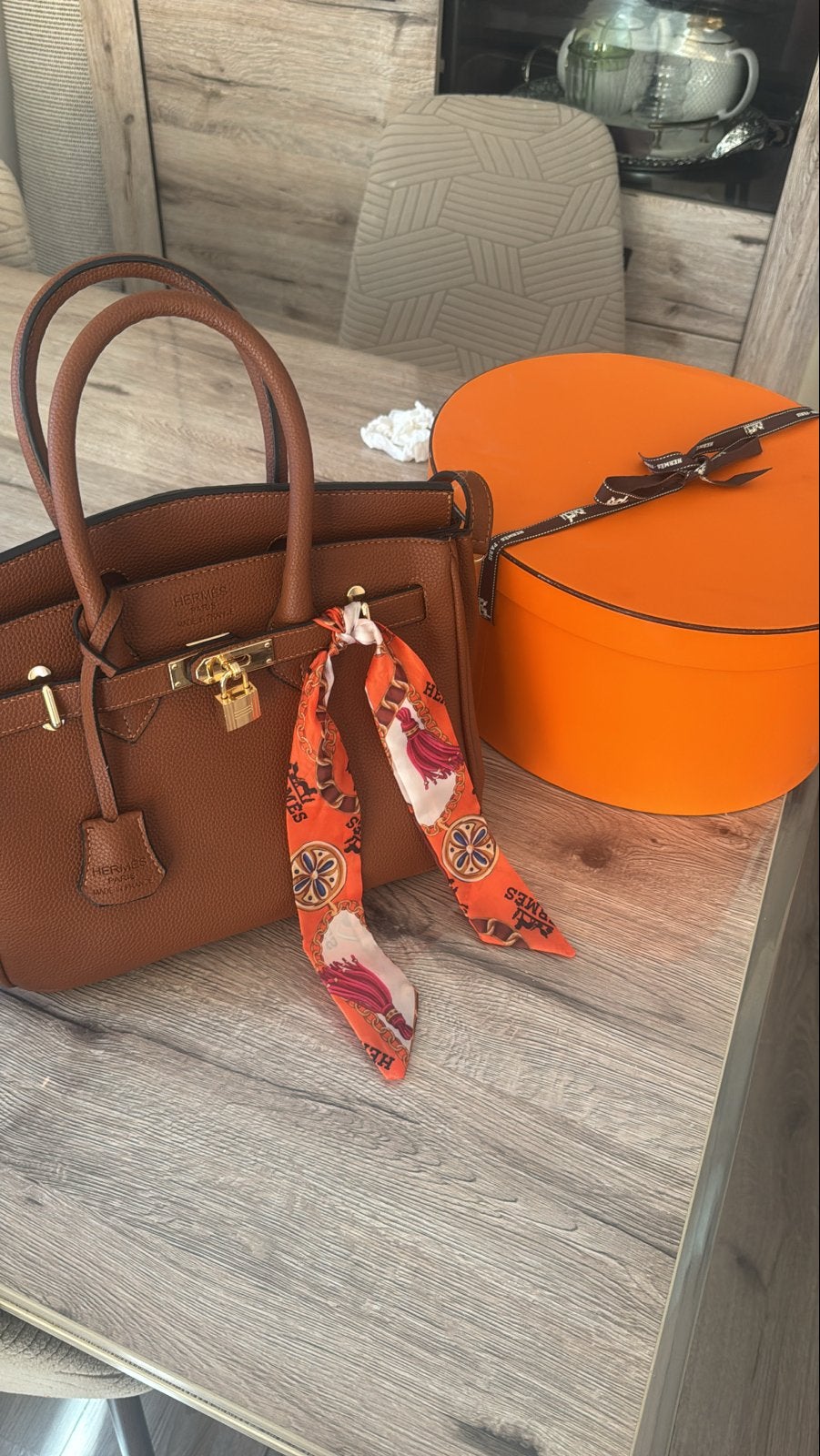 Hermes Birkin-stijl handtas - Bruin met sjaal, Ophalen of Verzenden, Zo goed als nieuw, Bruin, Handtas