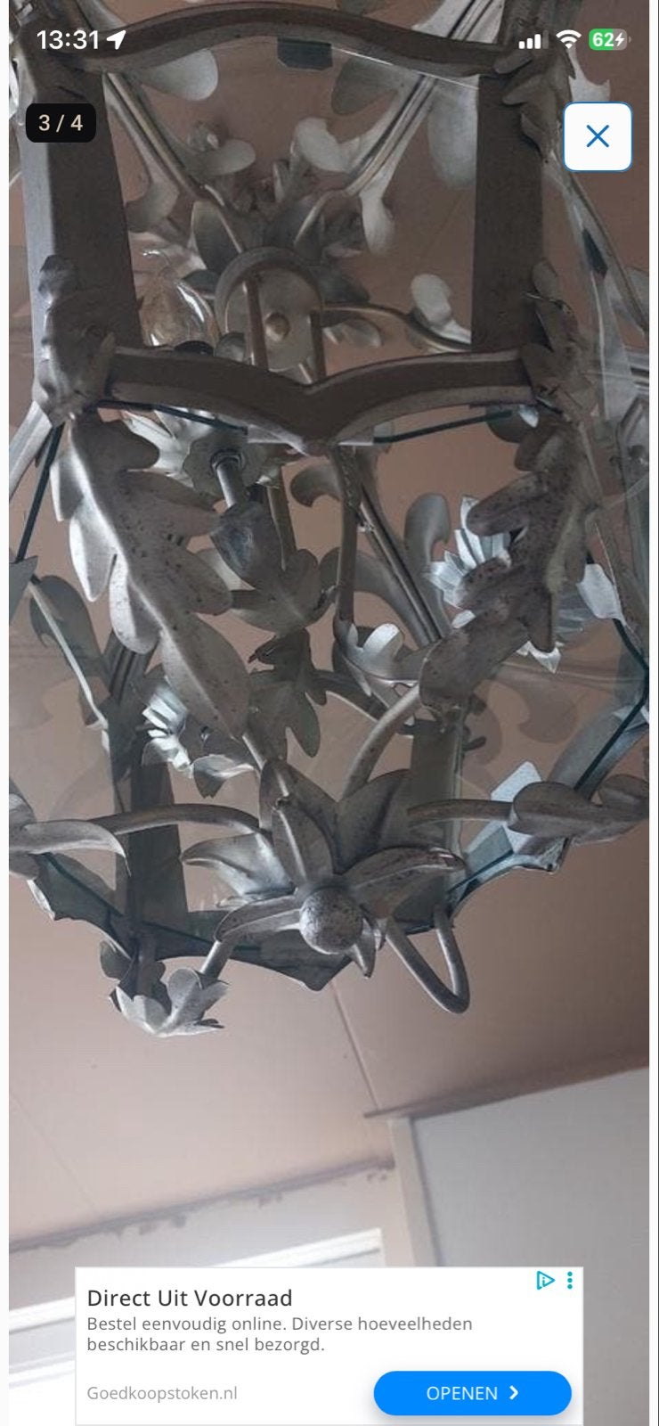 Lantaarn  kroonluchter, smeedijzer en glas, Antiek en Kunst, Ophalen
