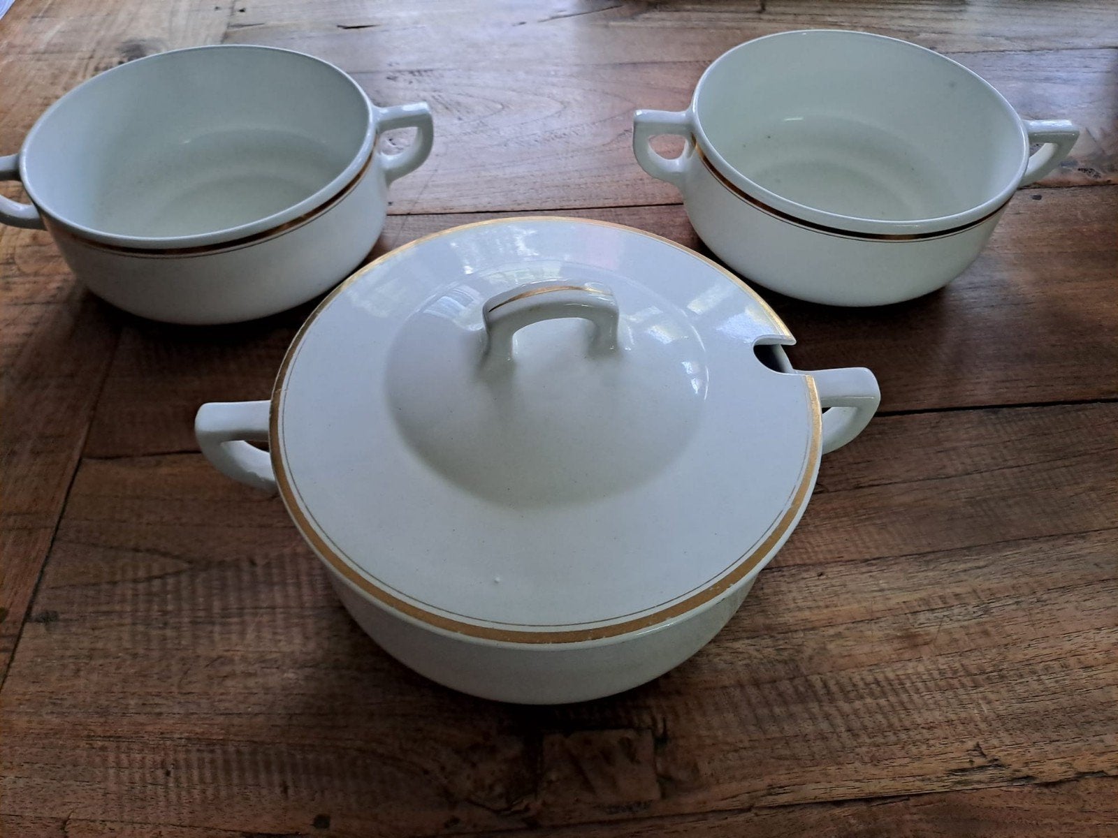 3 antieke dekschalen  met oren en gouden bied, Antiek en Kunst, Ophalen of Verzenden