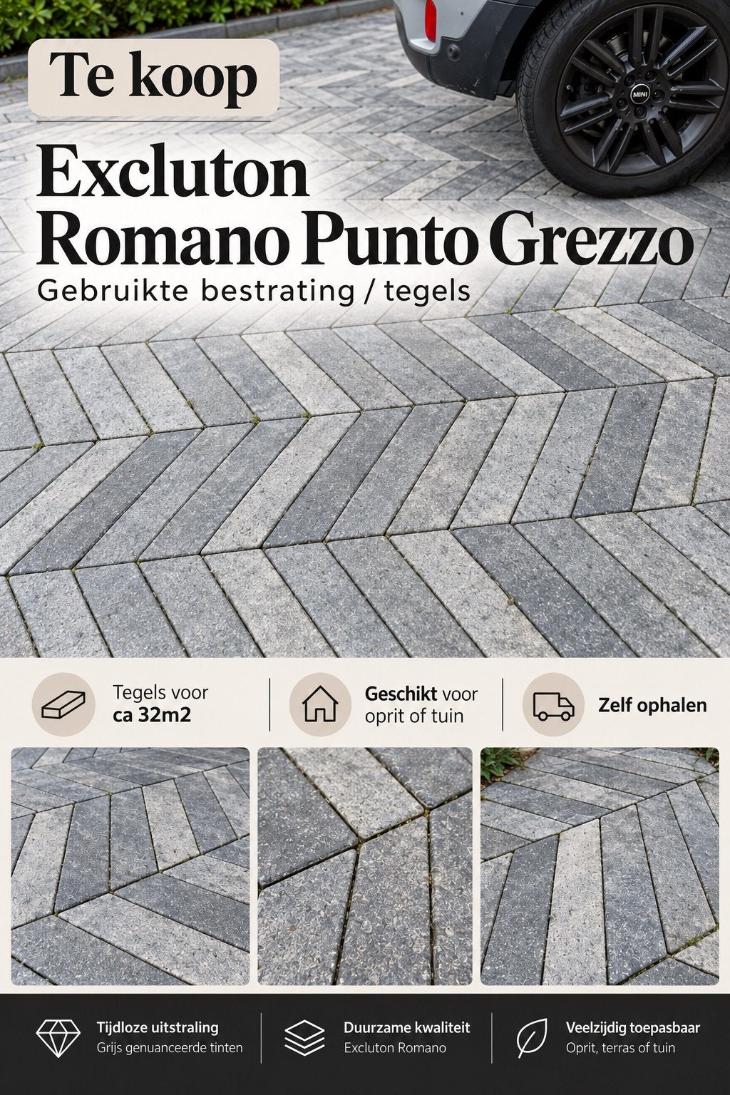 Excluton Romano Punto Grezzo Bestrating 8x40x8 cm, Gebruikt, Ophalen of Verzenden, 10 m² of meer, Beton