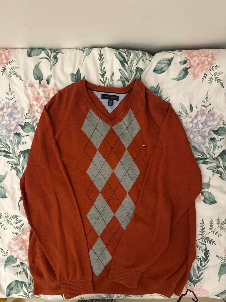 Tommy Hilfiger Argyle V-hals Trui - Oranje/Grijs, Ophalen of Verzenden, Zo goed als nieuw