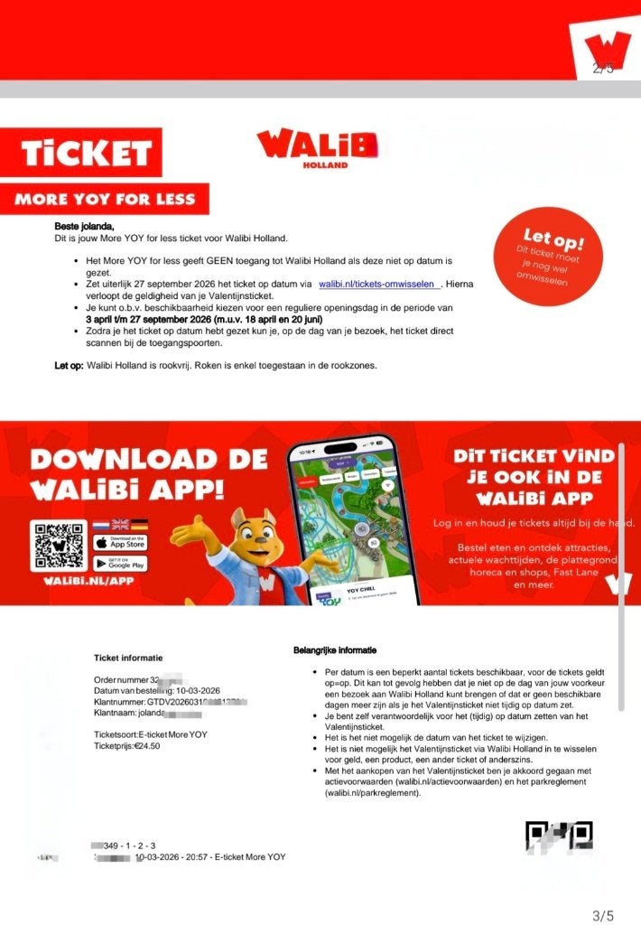 Walibi tickets, Twee personen, Ticket of Toegangskaart