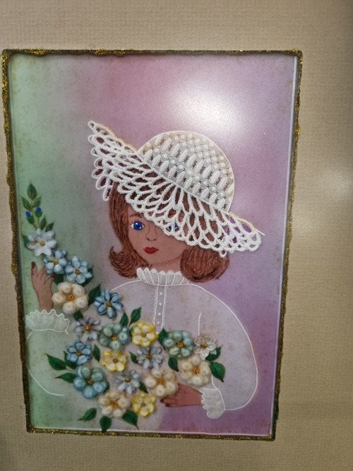 schilderij dame met bloemen papier en gehaakt, Ophalen of Verzenden, 'T Olde Gre-j, Info@toldegrej.nl, Endepoelstraat 20f Didam