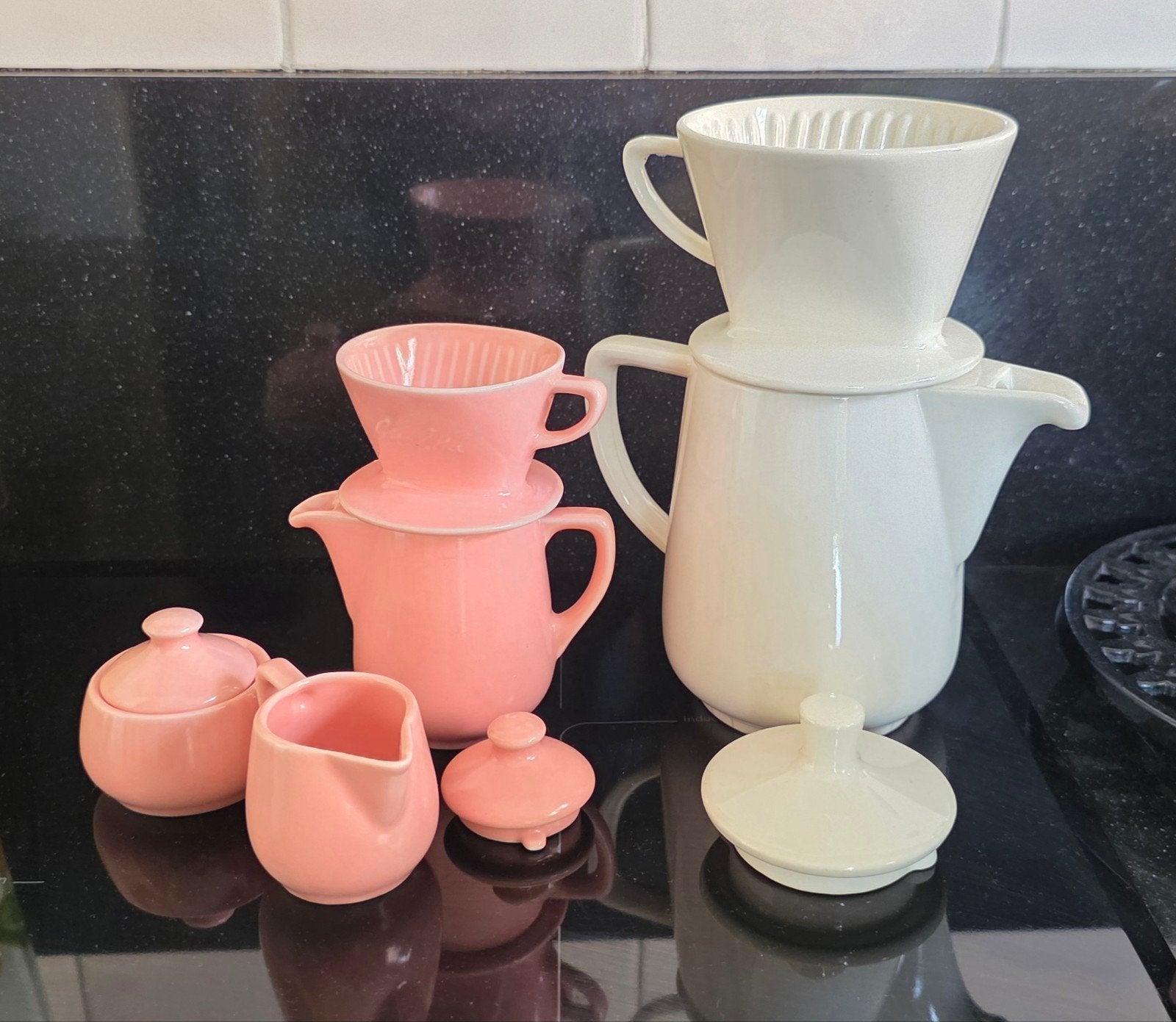 Vintage Melitta kinder sevies set+koffiepot met vilterhouder, Overige typen, Ophalen of Verzenden, Zo goed als nieuw, Overige stijlen