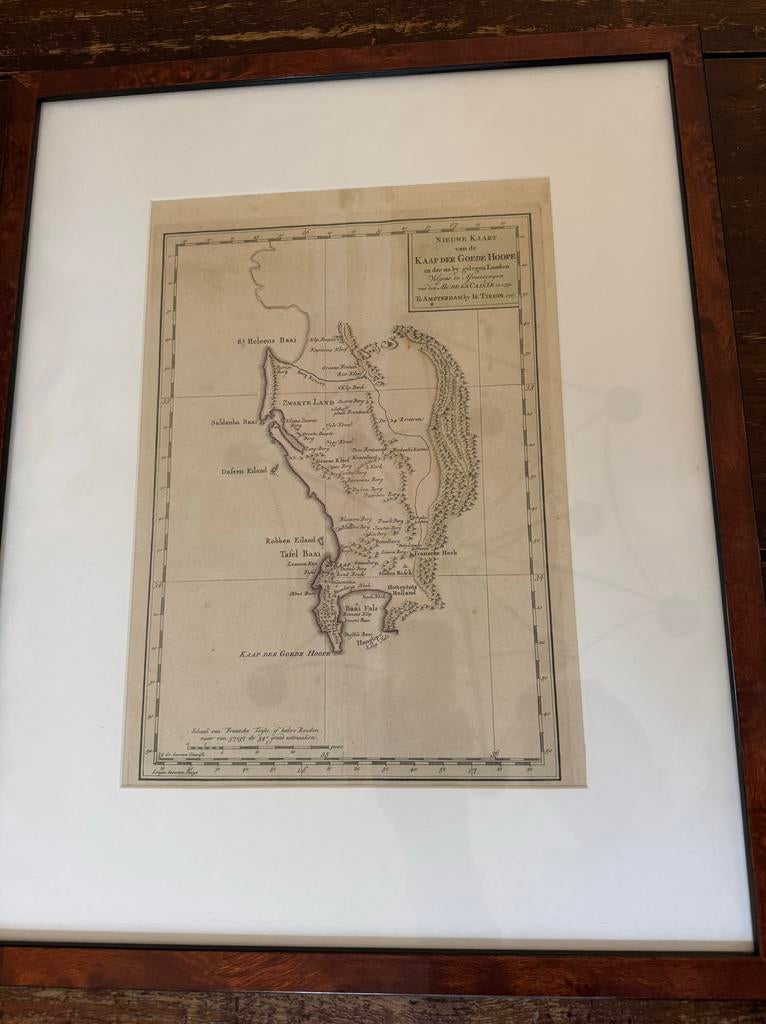 Prent Kaart van Kaap de Goede Hoop - Tirion 1763, Antiek en Kunst, Kunst | Etsen en Gravures, Cartografie, Ophalen of Verzenden