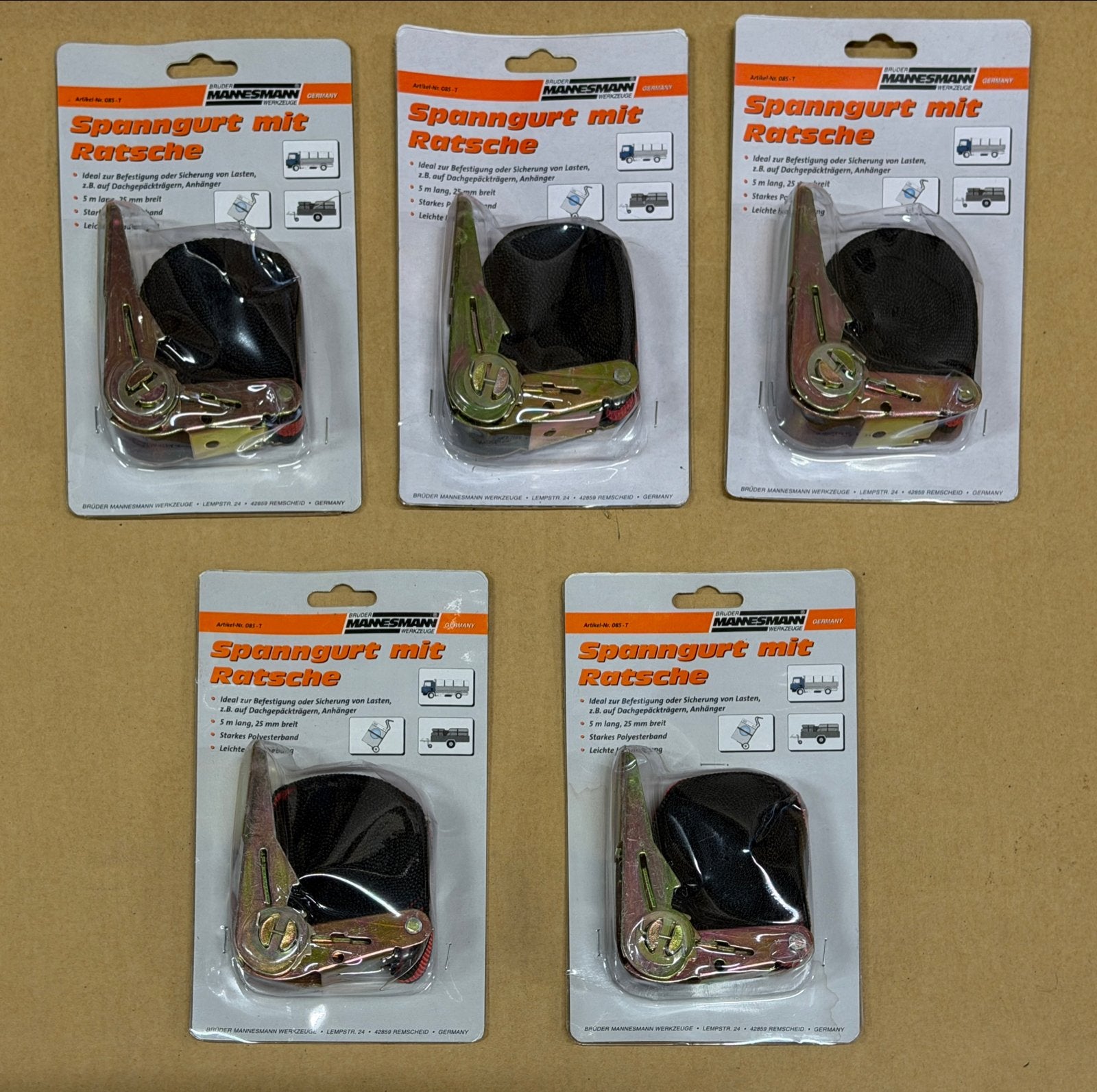 5x Brüder Mannesmann spanband met ratel 5m x 25mm, Doe-het-zelf en Verbouw, Ophalen of Verzenden, Nieuw