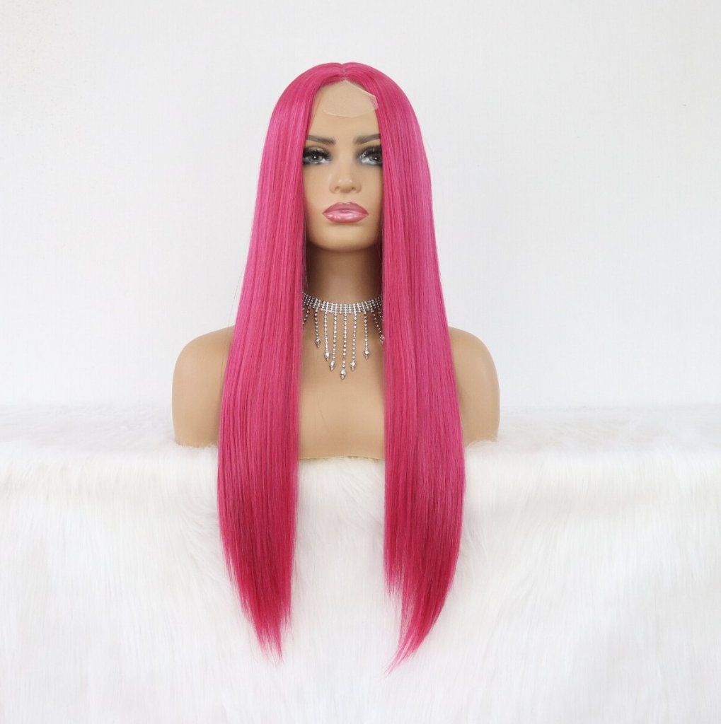Fel Roze Lange Steile Pruik Met Lace Haar Vrouwen Dames, Verzenden, Nieuw, Pruik of Haarverlenging