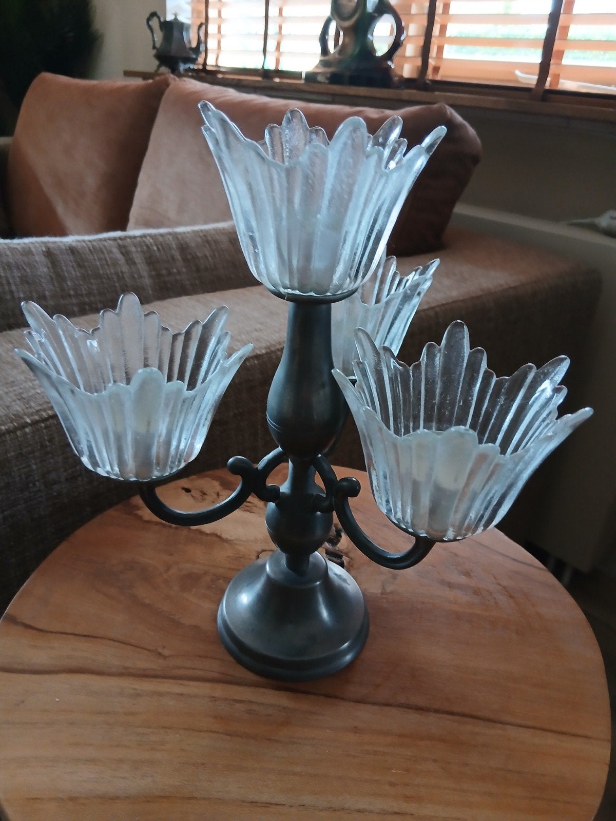 Vintage Kandelaar met Glazen Bloemen - 3-armig, Ophalen of Verzenden, Overige materialen