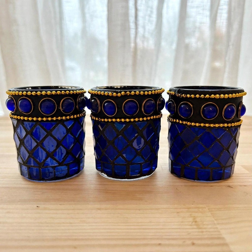 Set van 3 Kobaltblauwe Mozaïek Theelichthouders, Gebruikt, Blauw, Overige merken, Waxinelichthouder