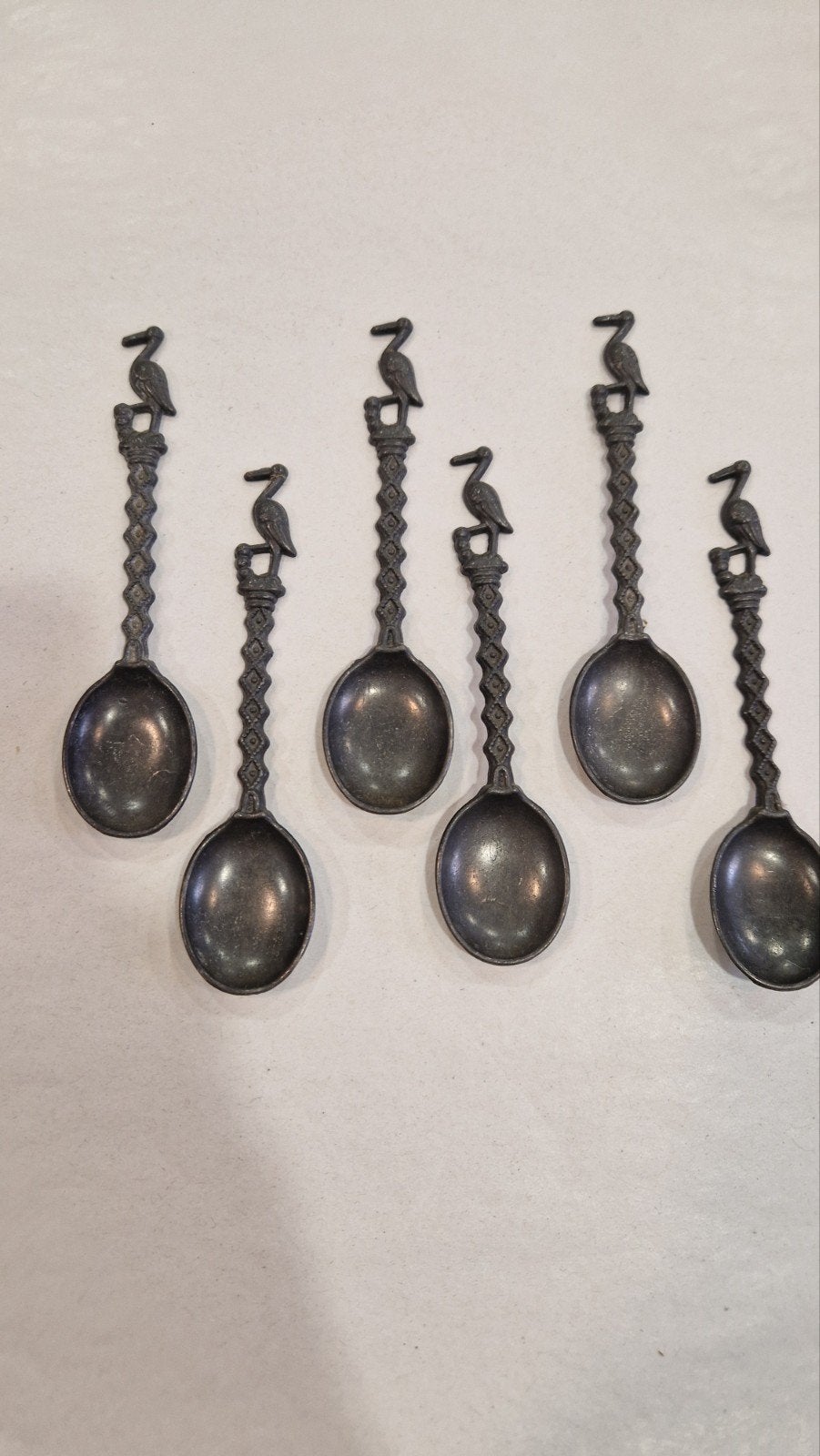 6 tinnen geboorte theelepels met ooievaar, Ophalen of Verzenden