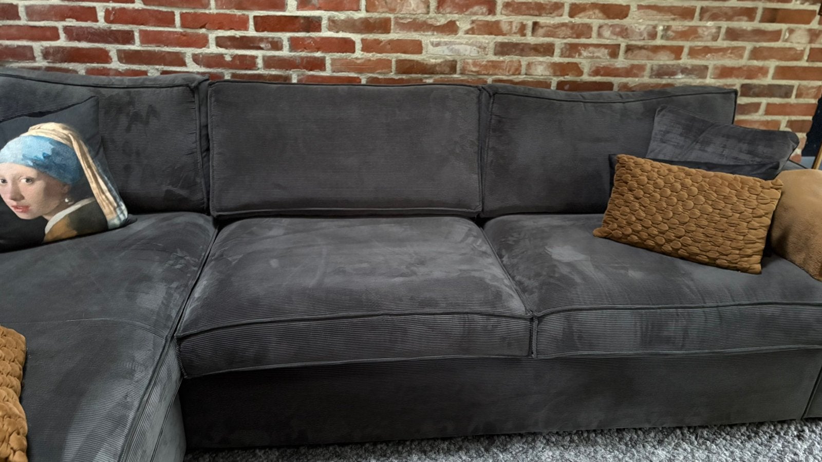 WOOOD hoekbank Thomas donkergrijs ribstof, Ophalen, Loungebank, Hoekbank, 300 cm of meer