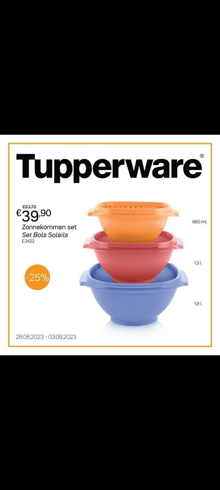 Nieuwe Tupperware Zonnekommen Set - 3 kommen met deksel, Ophalen of Verzenden, Nieuw, Rood, Bak of Kom