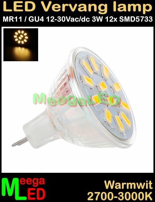 Boot LED MR11 GU4 LEDspot LEDlamp 3W - 12SMD5733 - Warmwit, Ophalen of Verzenden, Nieuw, Binnenverlichting