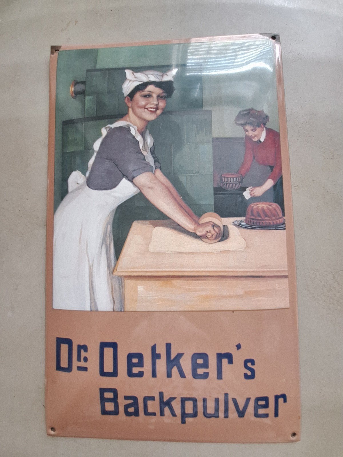 Vintage replica Dr. Oetker's Backpulver Emaille Reclamebord, Verzamelen, Ophalen of Verzenden, Gebruikt, Reclamebord