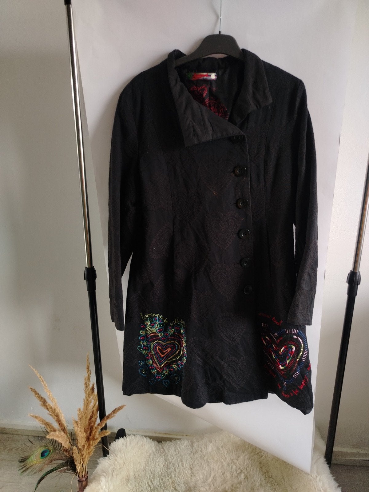 Desigual jas/mantel met hartjesprint en borduursels, Kleding | Dames, Zwart, Maat 42/44 (L), Ophalen of Verzenden, Desigual