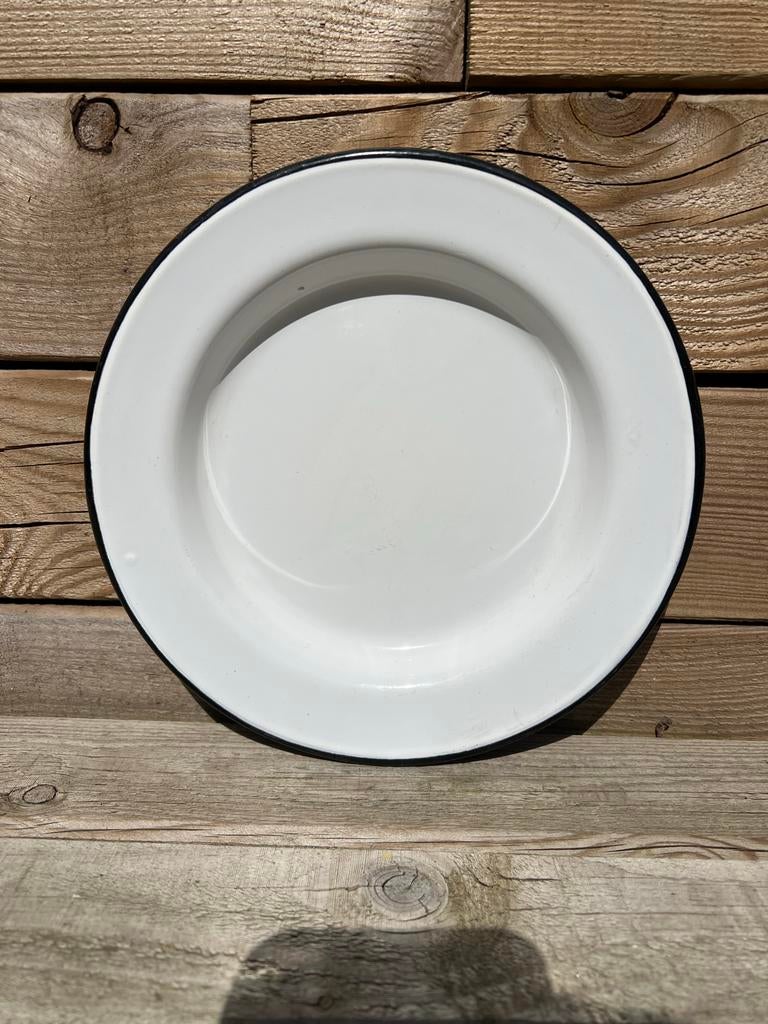 Vintage Wit Emaille Bord met Zwarte Rand, Ophalen of Verzenden