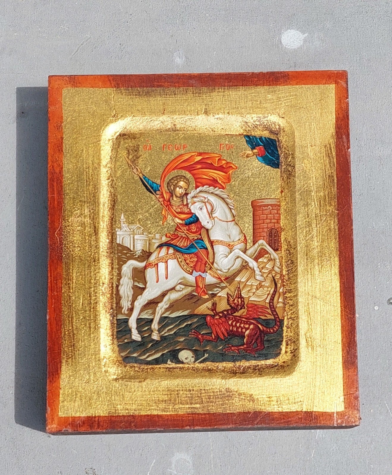 Antieke Griekse Orthodoxe Icoon Sint Joris en de Draak, Ophalen of Verzenden