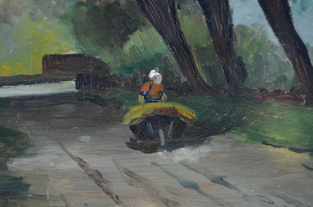 Olieverf op doek Landweg, boerin met kruiwagen J Millinger, Antiek en Kunst, Ophalen of Verzenden