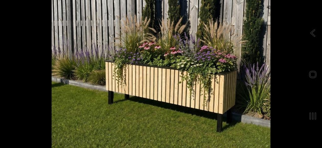 Stijlvolle Houten Bloembak plantenbak met Zwarte Poten, Ophalen, 100 cm of meer, Zo goed als nieuw, 60 cm of meer