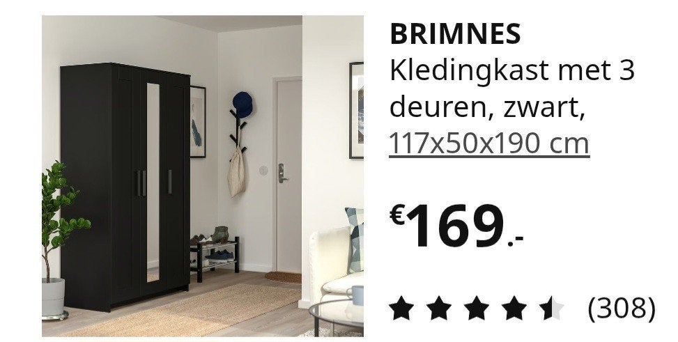 IKEA BRIMNES Kledingkast met 3 deuren, zwart, 117x50x190 cm, Met deur(en), Gebruikt, 100 tot 150 cm, Ophalen of Verzenden