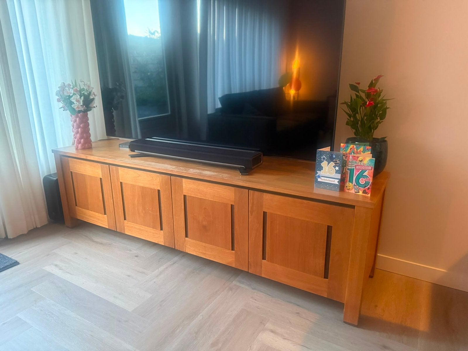 Teak TV meubel - 220 cm breed, 62 cm hoog, Ophalen, Gebruikt, Teakhout, 200 cm of meer
