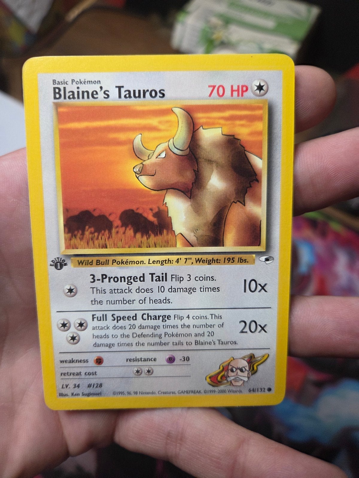 Blaine's Tauros 64/132 First Edition EXC/NM Gym Heroes Wotc, Ophalen of Verzenden, Zo goed als nieuw, Losse kaart