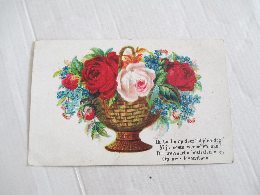 oude ansichtkaart vaas met bloemen en rijm, Ophalen of Verzenden, Voor 1920, Gelopen