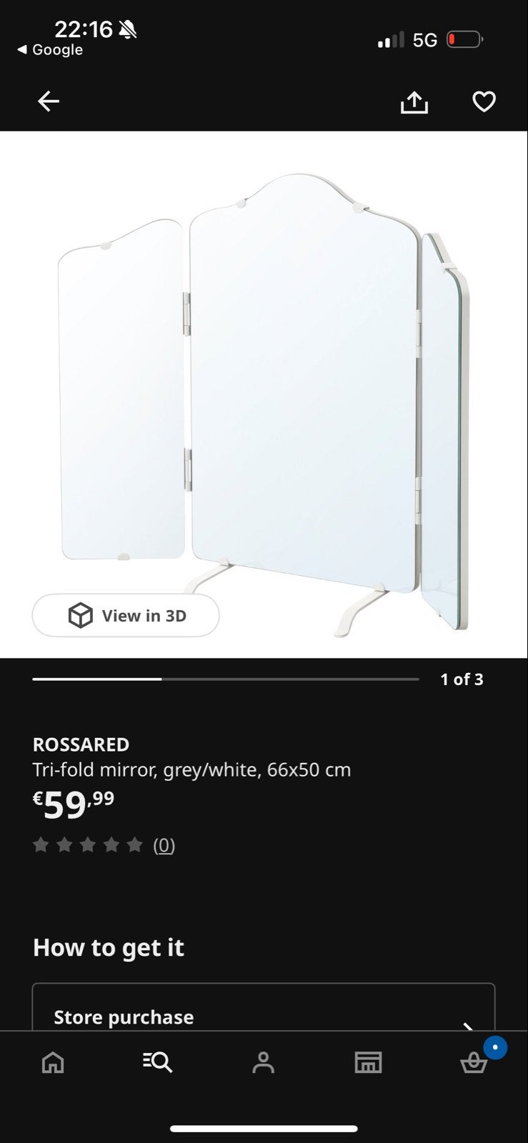 IKEA ROSSARED Drievoudige spiegel, grijs/wit, Ophalen, Zo goed als nieuw, Minder dan 100 cm, Overige vormen