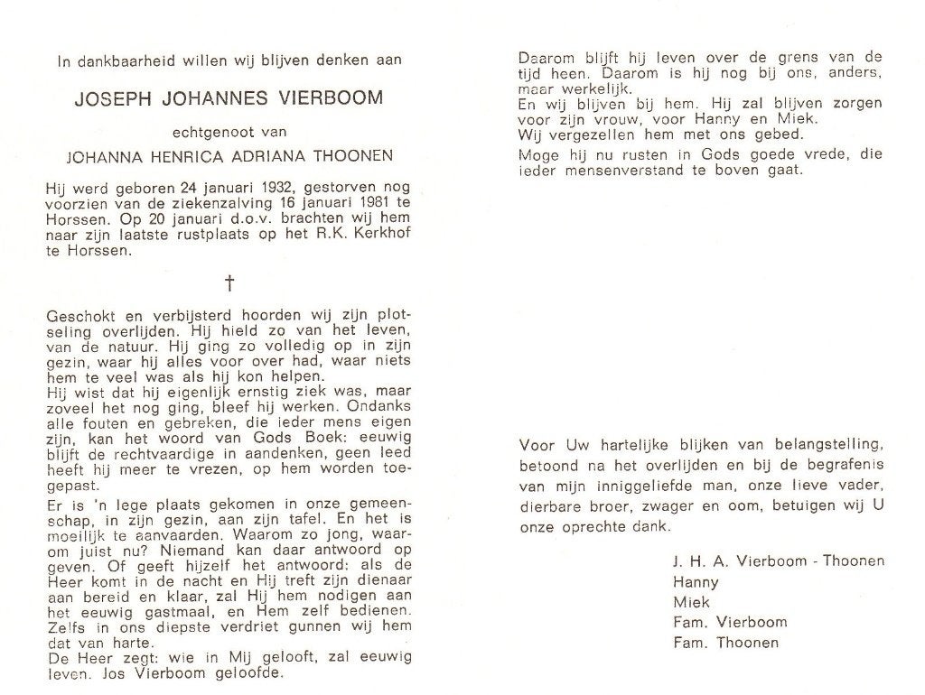 Horssen Joseph Vierboom 1932 - 1981, Ophalen of Verzenden, Bidprentje