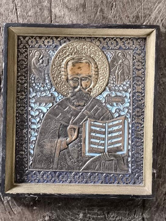 Antiek Russisch Bronzen Icoon - Sint Nicolaas, 19e Eeuw, Ophalen of Verzenden