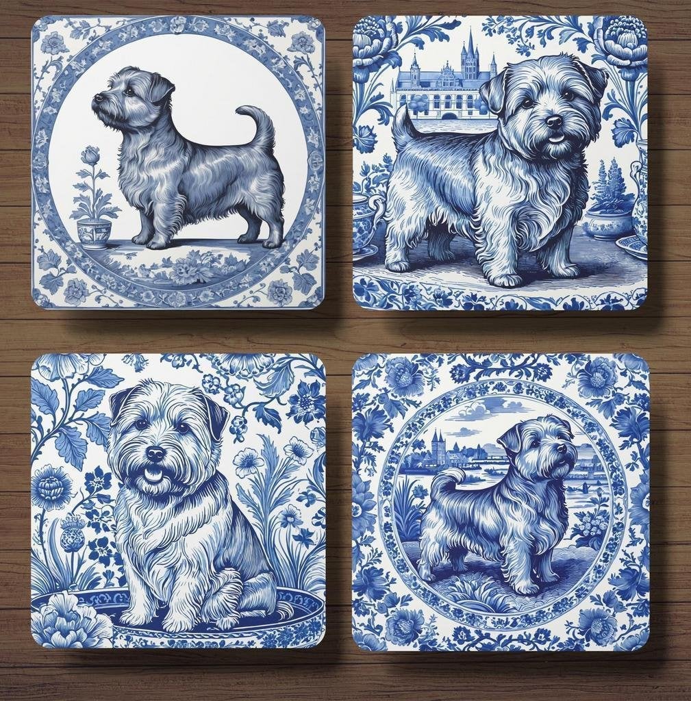 Norfolk Terriër Delfts Blauw onderzetters met houder, Ophalen of Verzenden, Nieuw