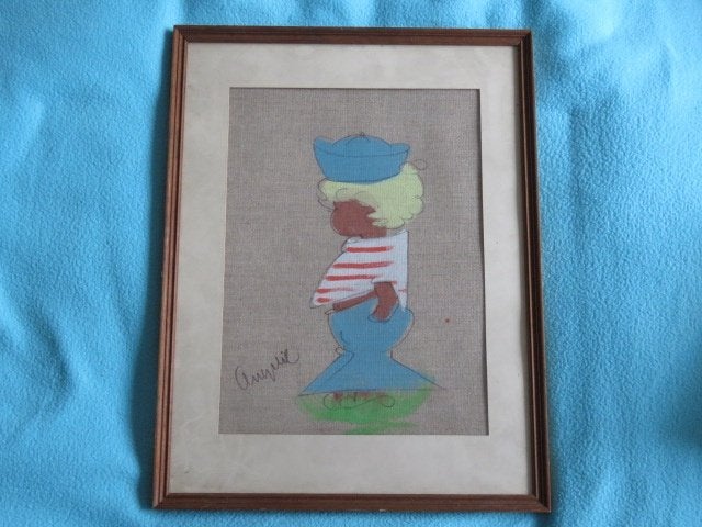 Origineel vintage schilderij op linnen jongen Angelie Zweeds, Ophalen of Verzenden