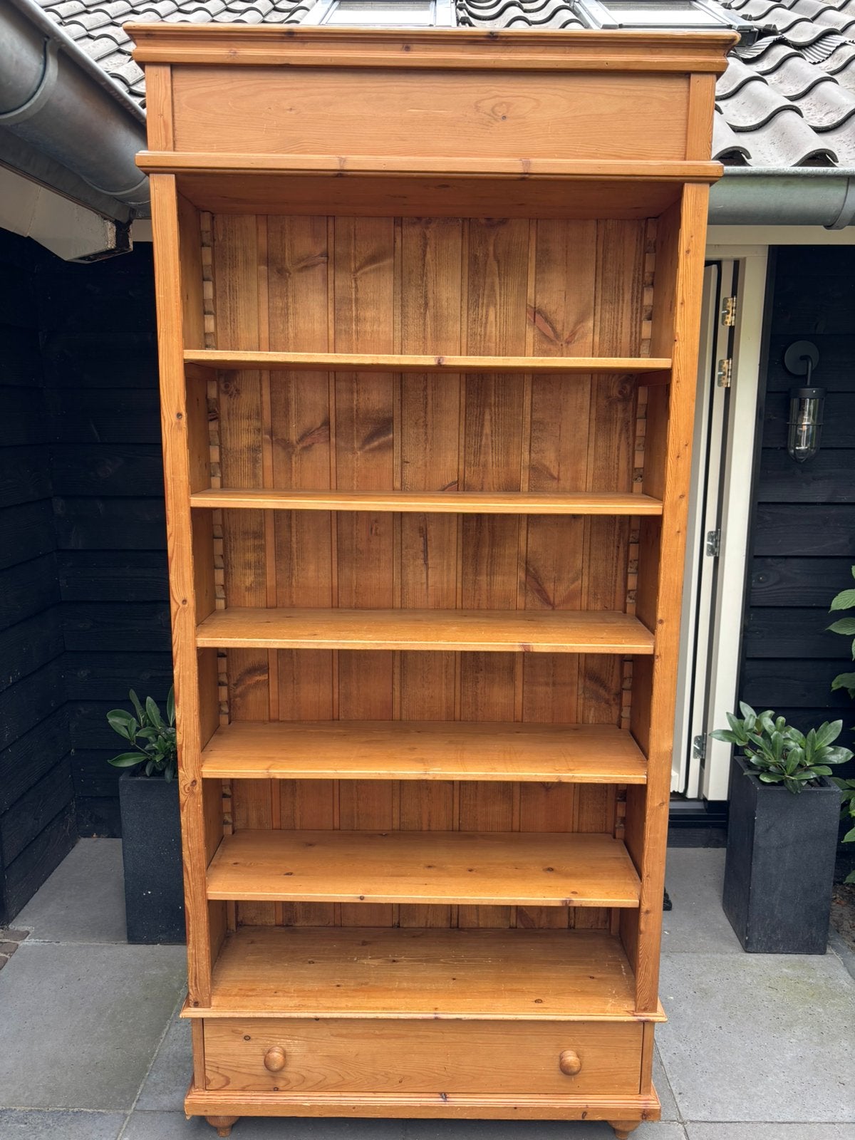 Leuke brocante landelijk grenen boekenkast met lade, Ophalen, Met plank(en), Gebruikt, 200 cm of meer