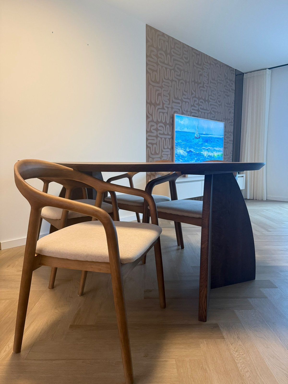Luxe Japandi Design Eetkamerstoelen – Hout – Beige – Scandin, Ophalen, Overige kleuren, Zo goed als nieuw, Vier