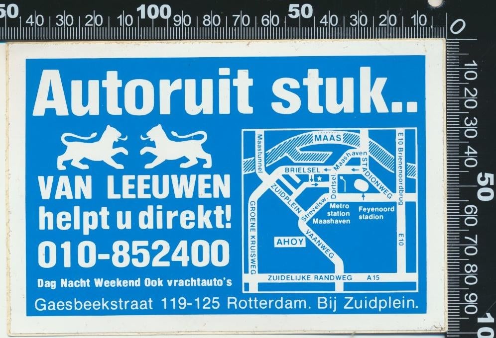 Sticker: Van Leeuwen - Autoruit stuk - Rotterdam, Verzamelen, Stickers, Ophalen of Verzenden, Zo goed als nieuw, Auto of Motor