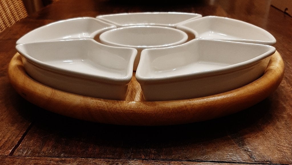 😋Vintage: Lazy suzan borrelplank - Keramische bakjes🏷️€20-, Hout, Snij-/serveerplank, Nieuw, Ophalen of Verzenden