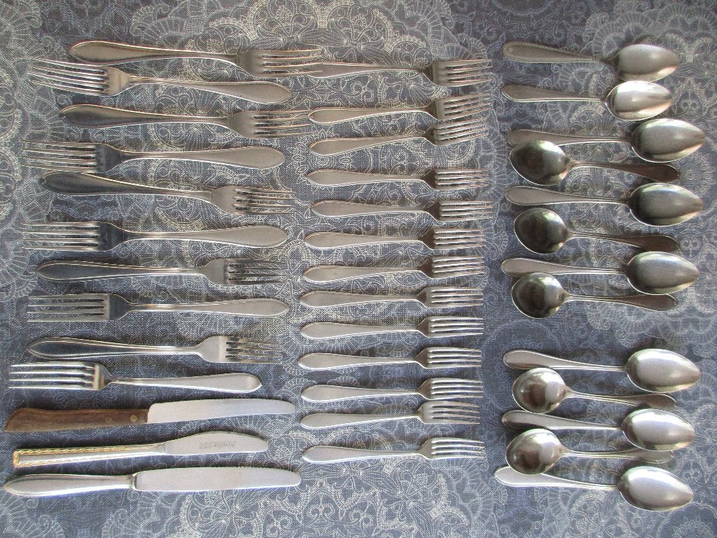 partij rvs vintage bestek - lepel vork opscheplepel juslepel, Huis en Inrichting, Ophalen of Verzenden, Gebruikt, Rvs of Chroom