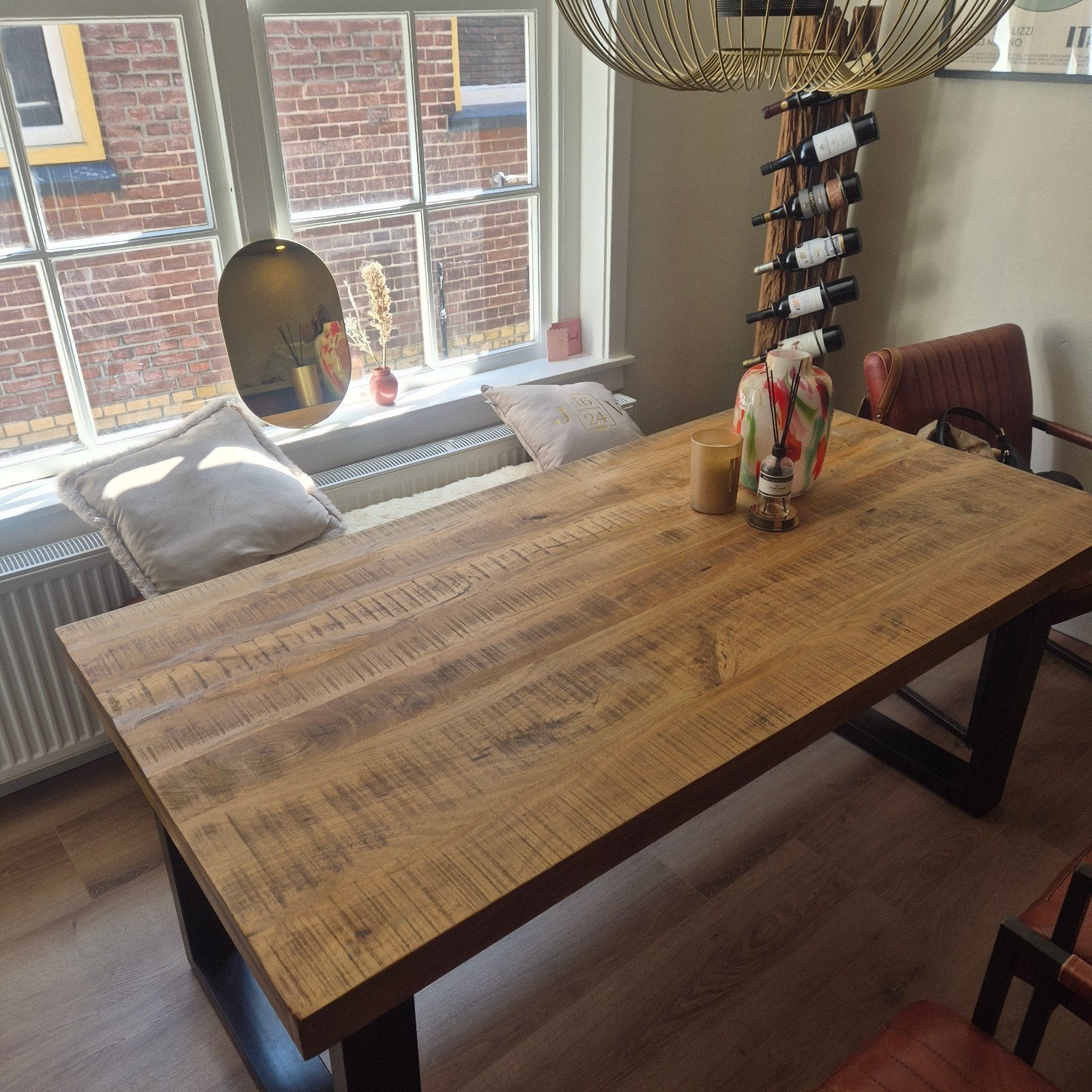 Eettafel 180x90 massief teakhout + 4 leren stoelen, Gebruikt, 50 tot 100 cm, 150 tot 200 cm, Vier personen