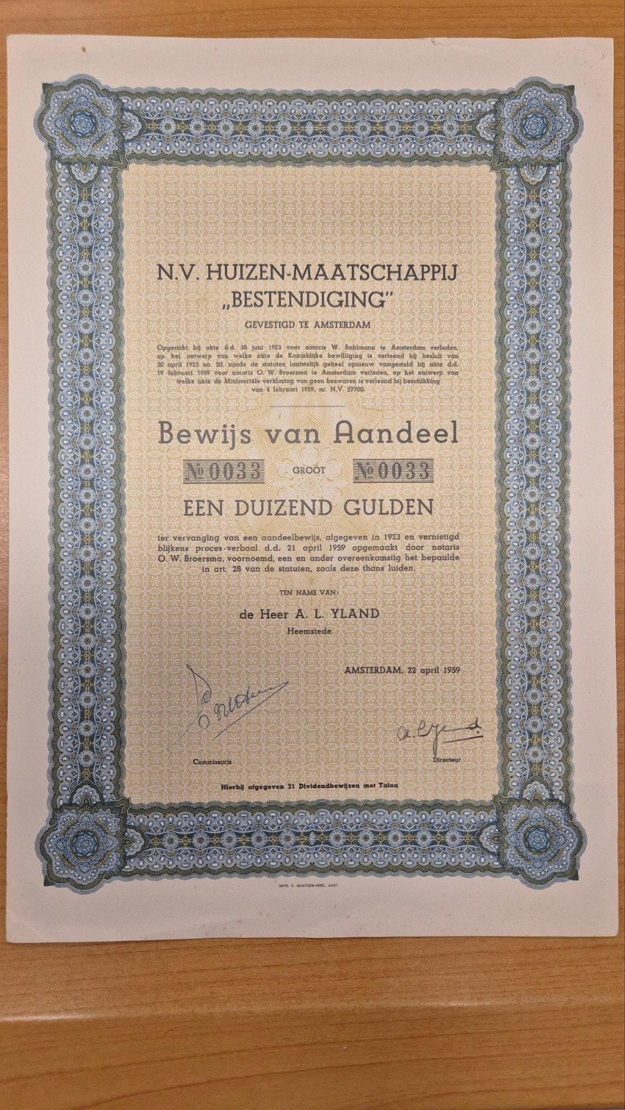 N.V. Huizen-Maatschappij "Bestendiging" Aandeel 1959, Ophalen of Verzenden, 1950 tot 1970, Aandeel
