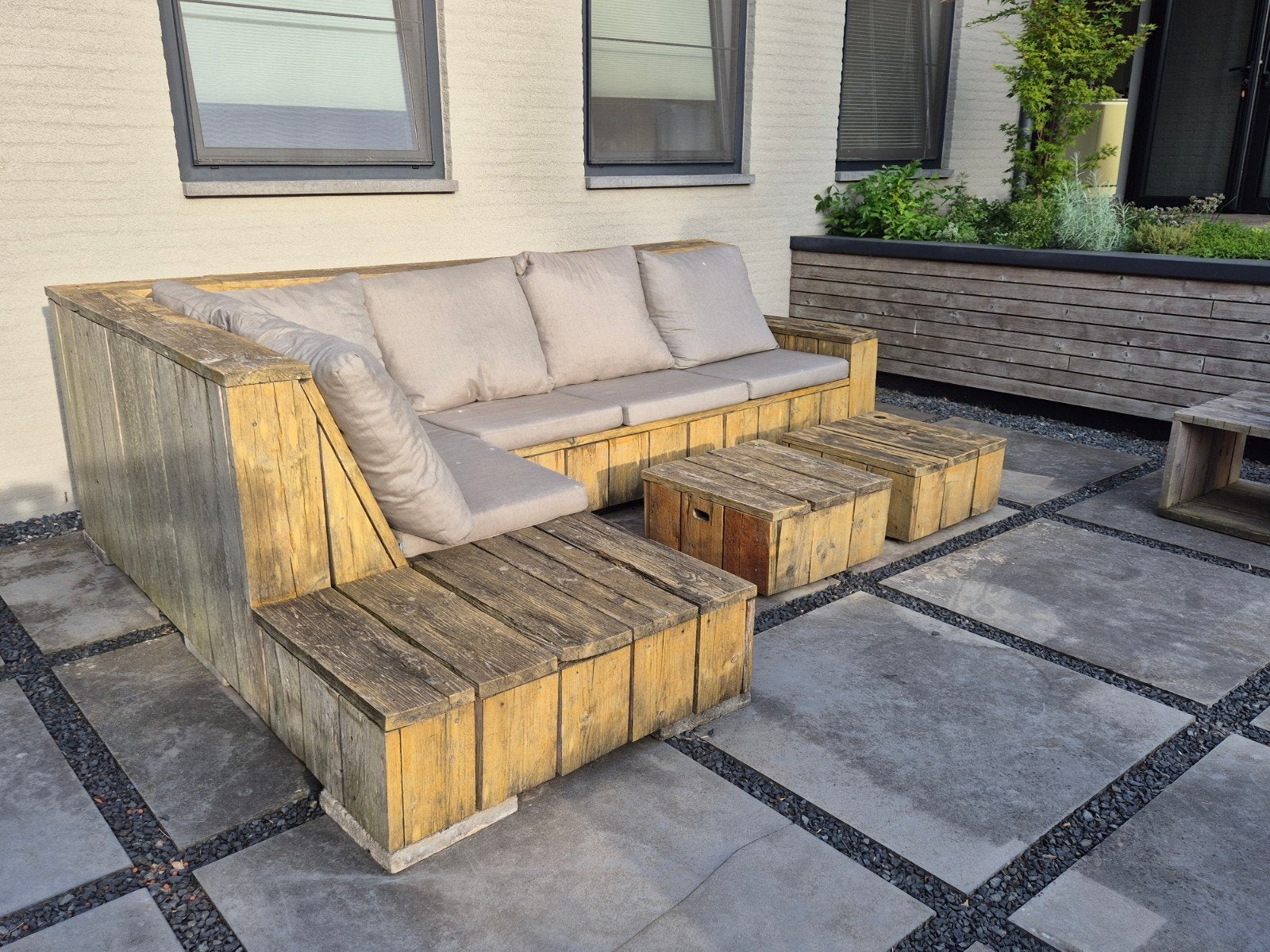 Steigerhouten loungeset met kussens, Ophalen, 5 zitplaatsen, Gebruikt, Steigerhout