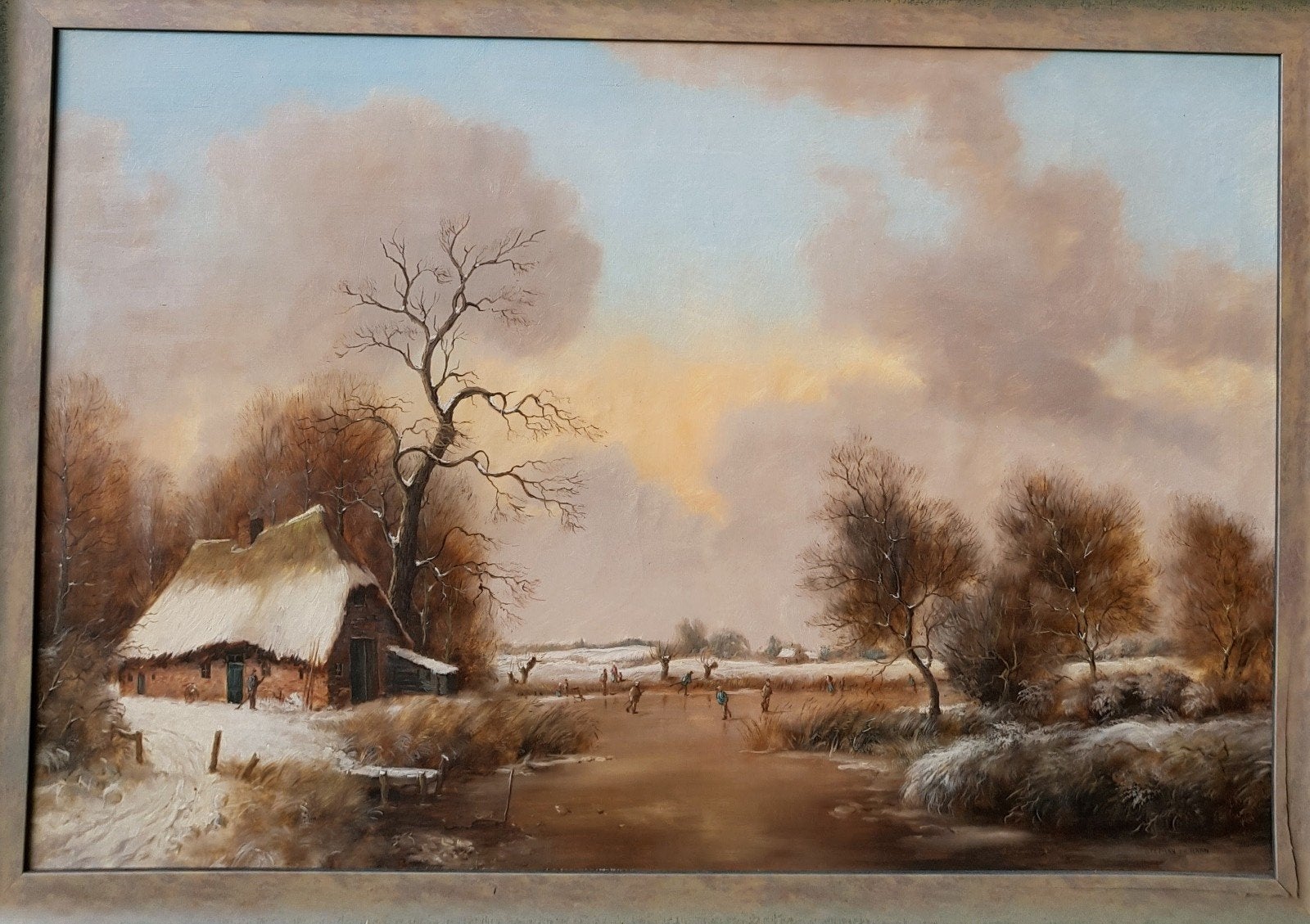 Groot olieverfschilderij 'Winterlandschap' gesigneerd, Ophalen of Verzenden